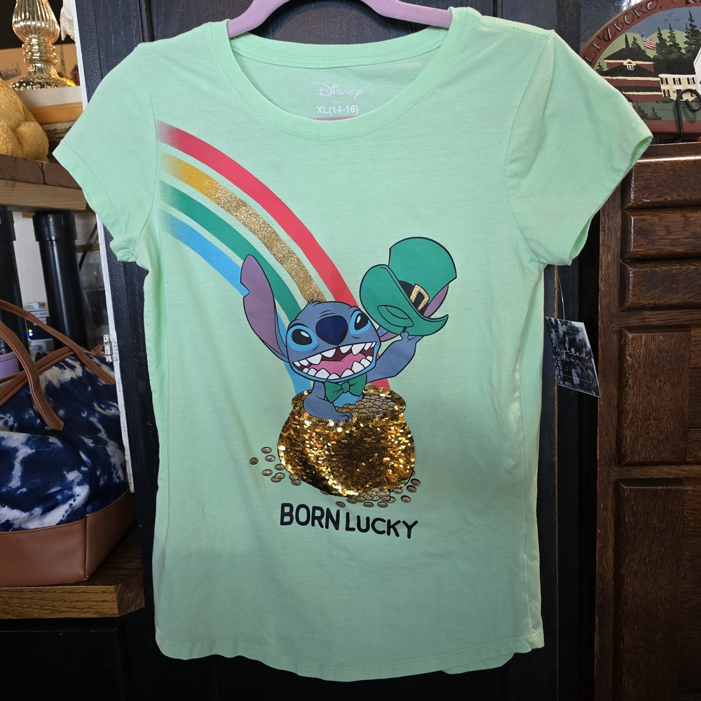 Disney Kids XL Green T-Shirt with Stitch and Rainbow St. Patrick's Day Attire.